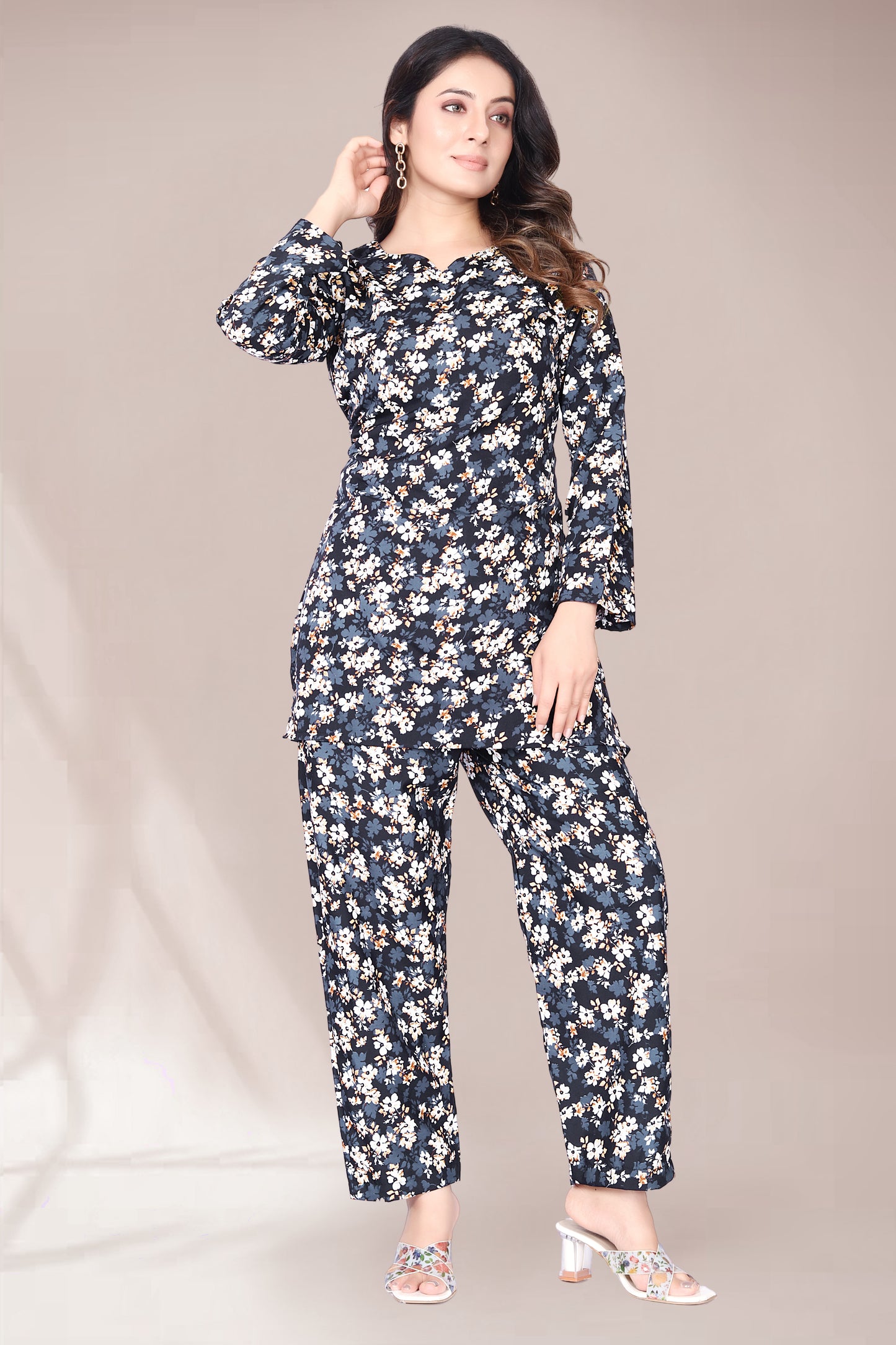 THUNDER BLUE FLOWER PRINTED KURTA AND PANT CO-ORD SET