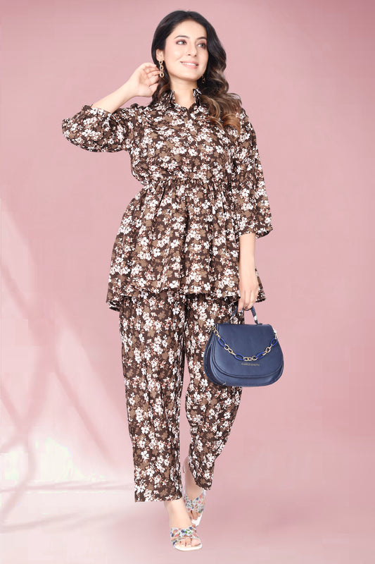 CONGO BROWN FLOWER PRINTED TOP AND PANT CO-ORD SET