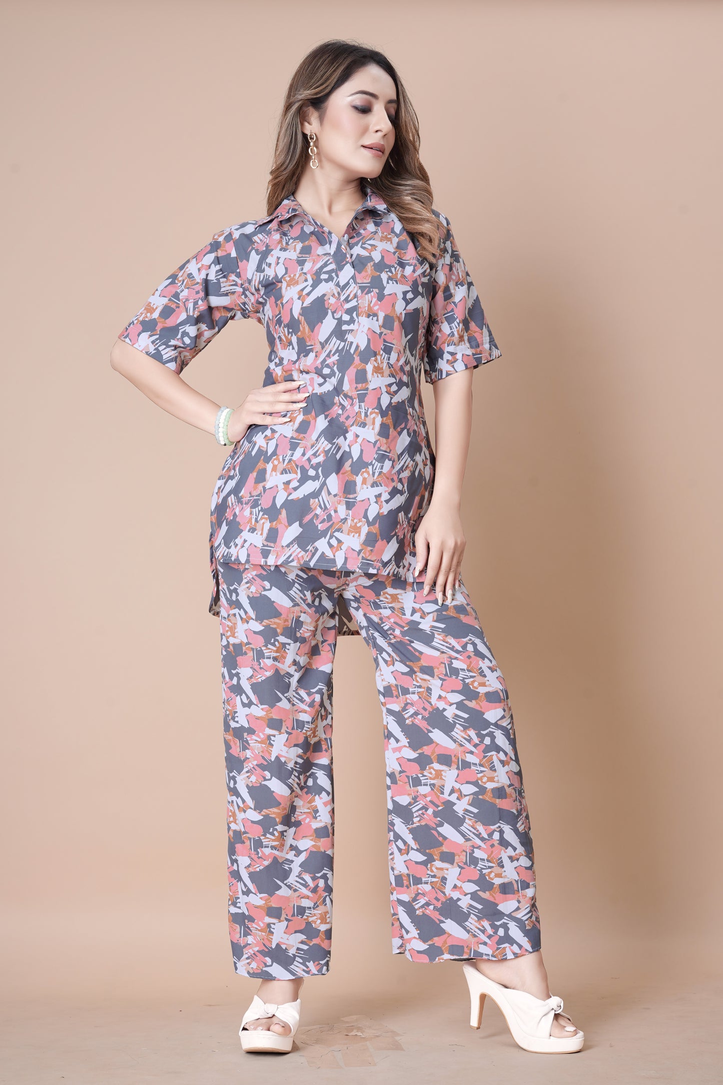 TEALISH BLUE WITH PINK MULTI COLOUR BLOCK PRINTED TOP AND PLAZOO CO-ORD SET