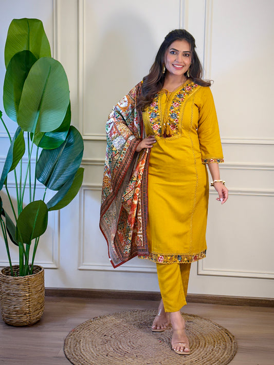MUSTARD BSY VISCOSE EMBROIDERED KURTA PANT DUPATTA