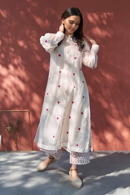 WHITE WITH RED HEART EMBROIDERY KURTA SET