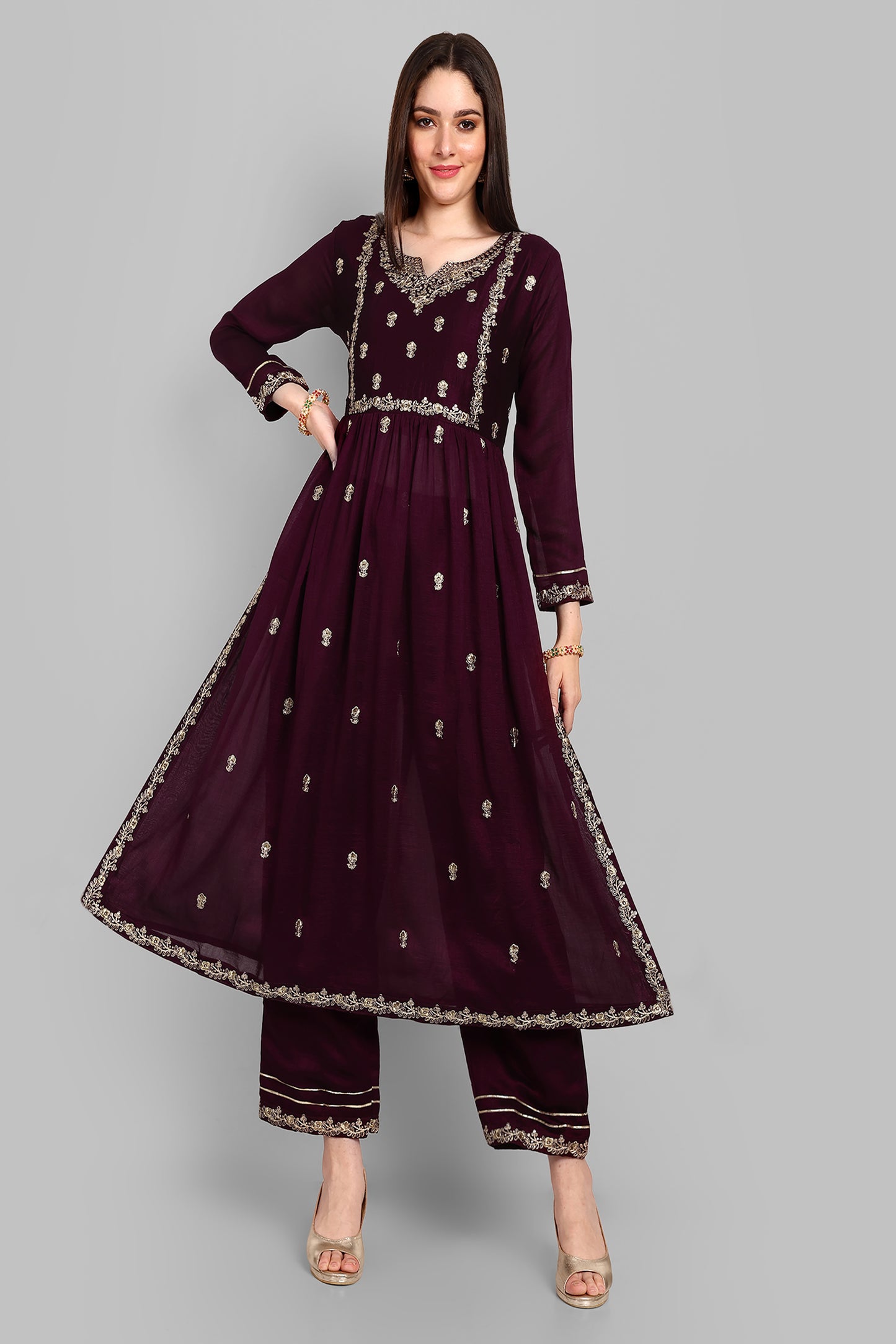 WINE FANCY EMBROIDERY WORK V NECK KURTA & PANT SET