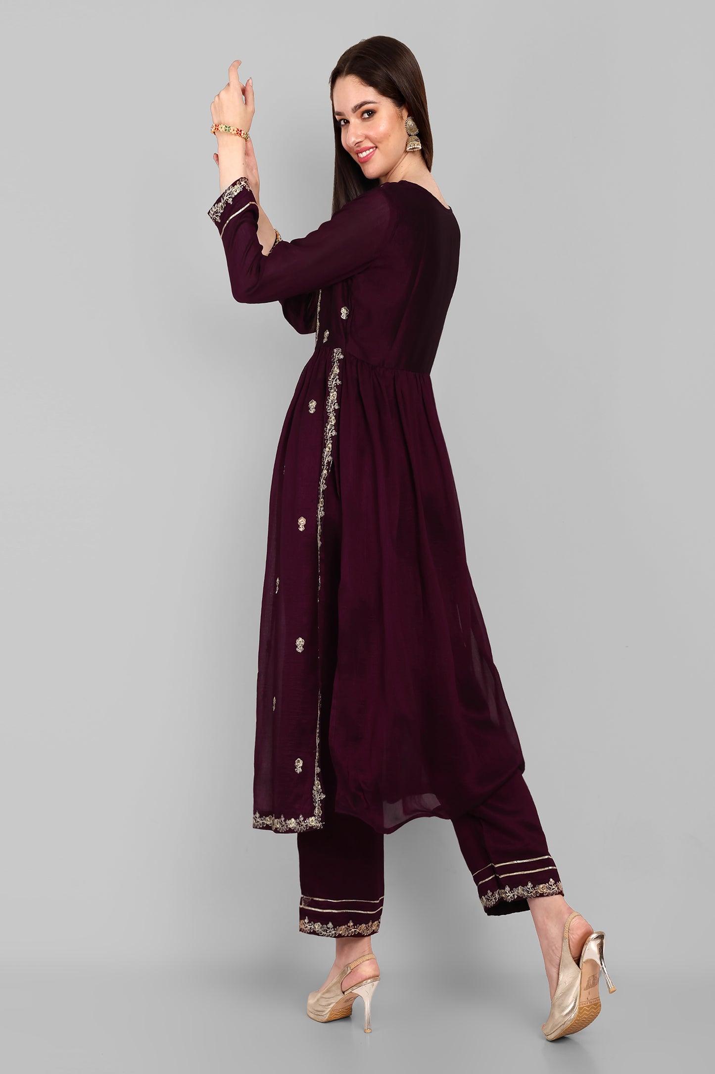 WINE FANCY EMBROIDERY WORK V NECK KURTA & PANT SET