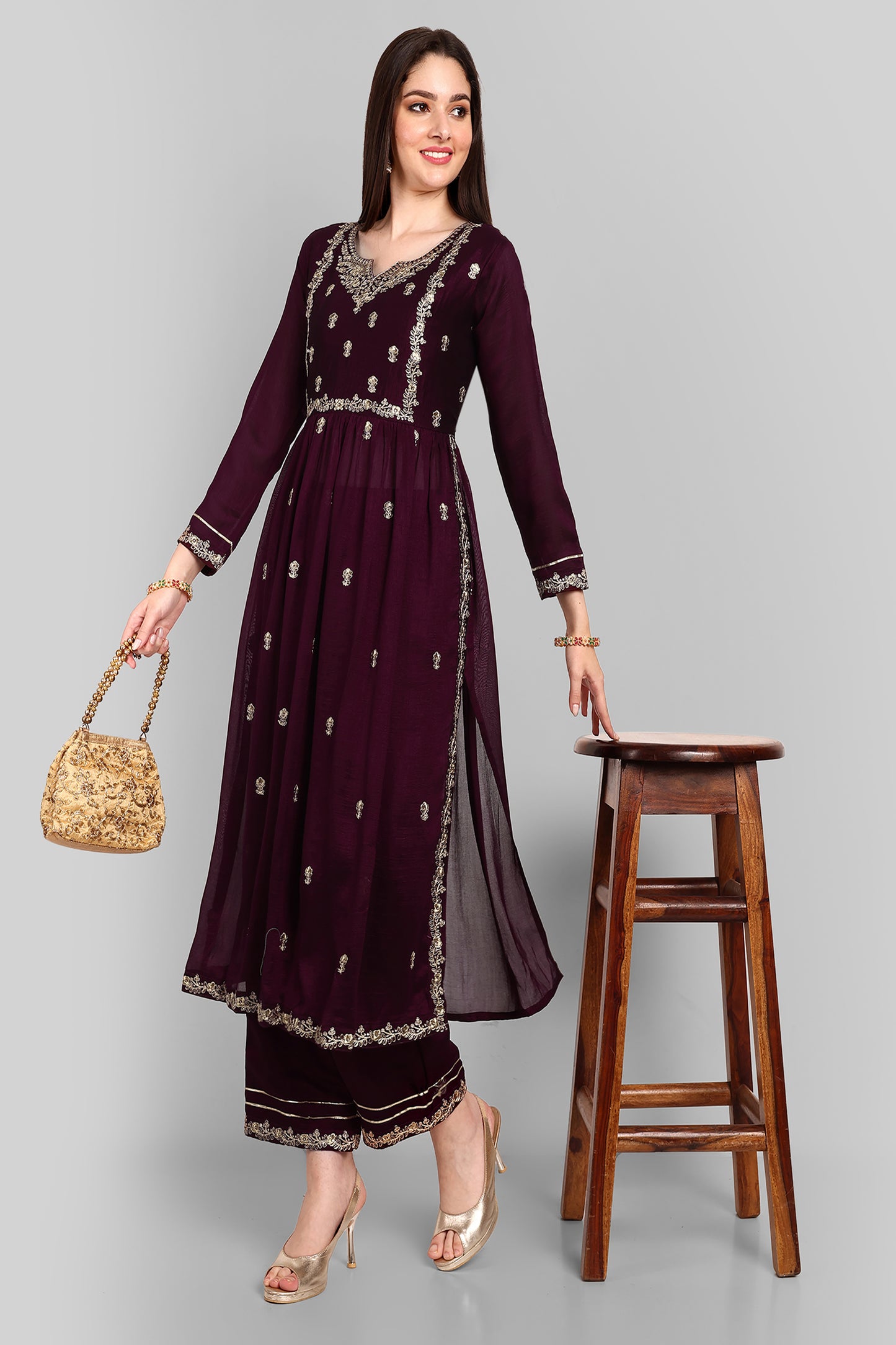 WINE FANCY EMBROIDERY WORK V NECK KURTA & PANT SET