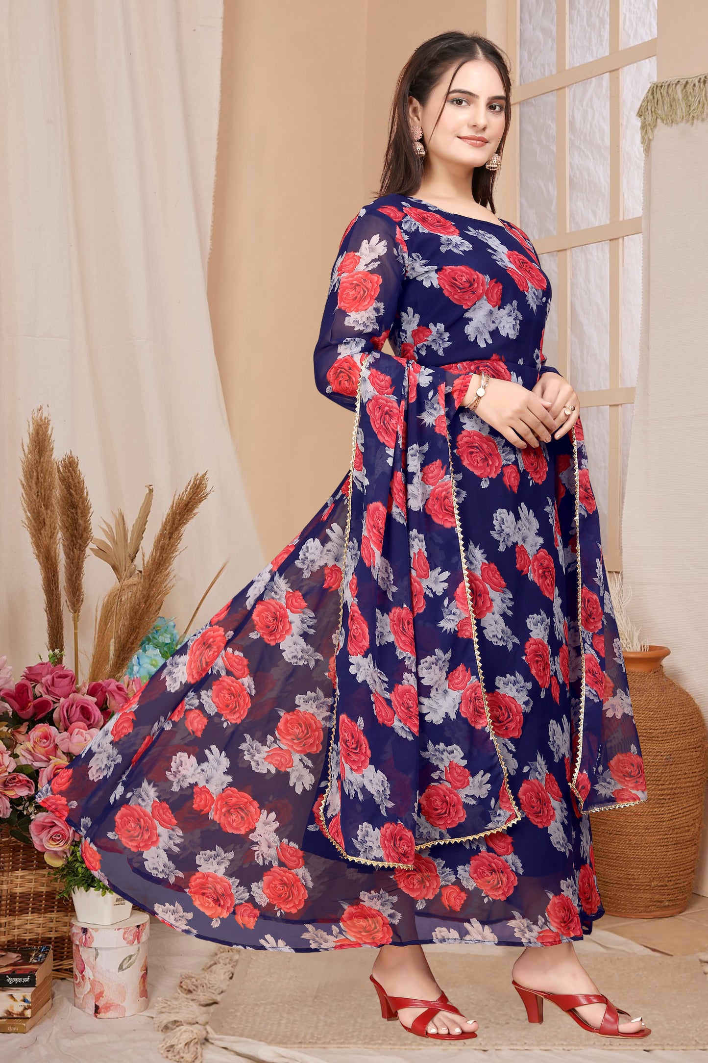 BLUE RED FLOWER MAXI GOWN