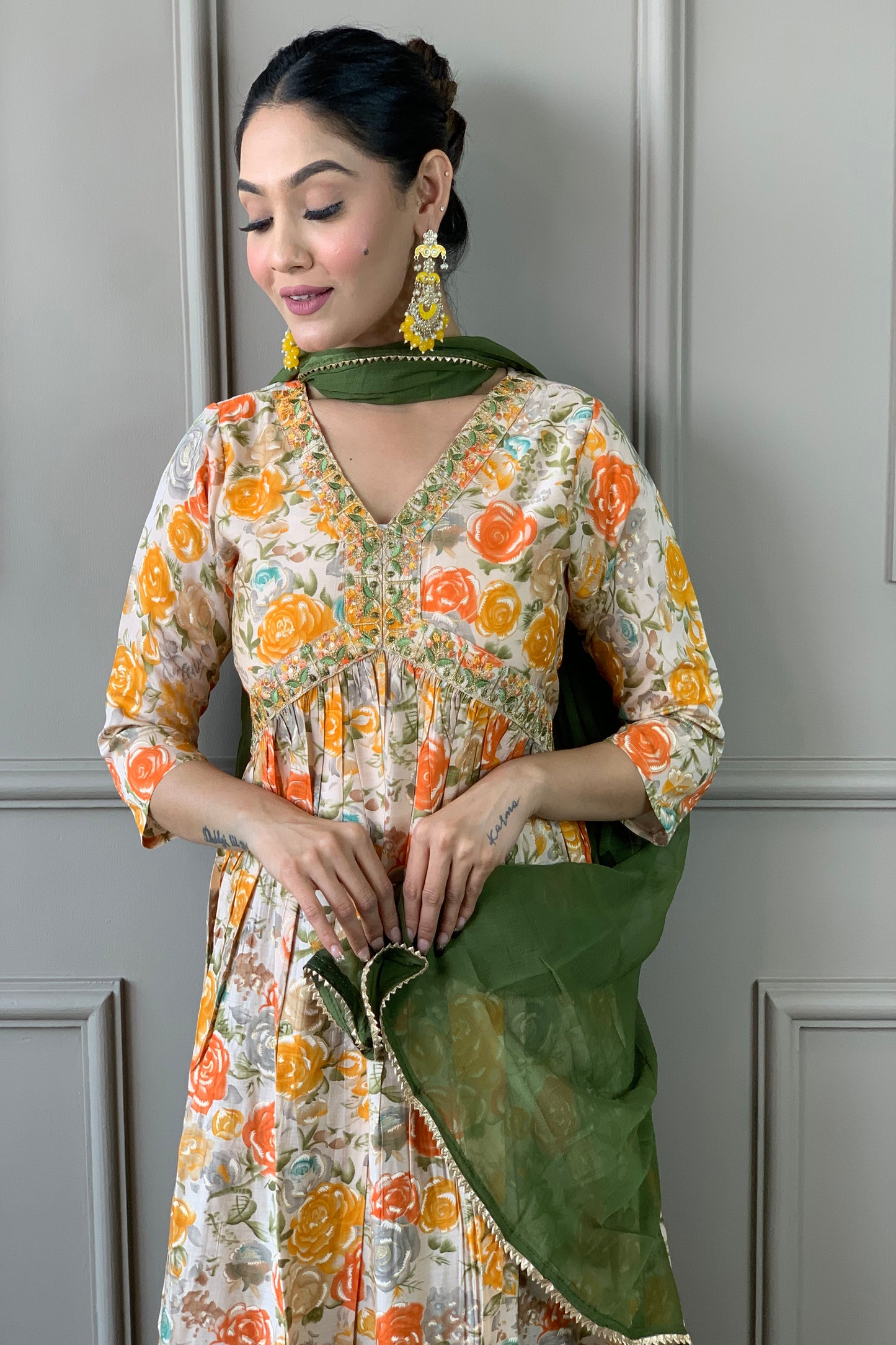 ORANGE PRINTED  KURTA WITH PANT