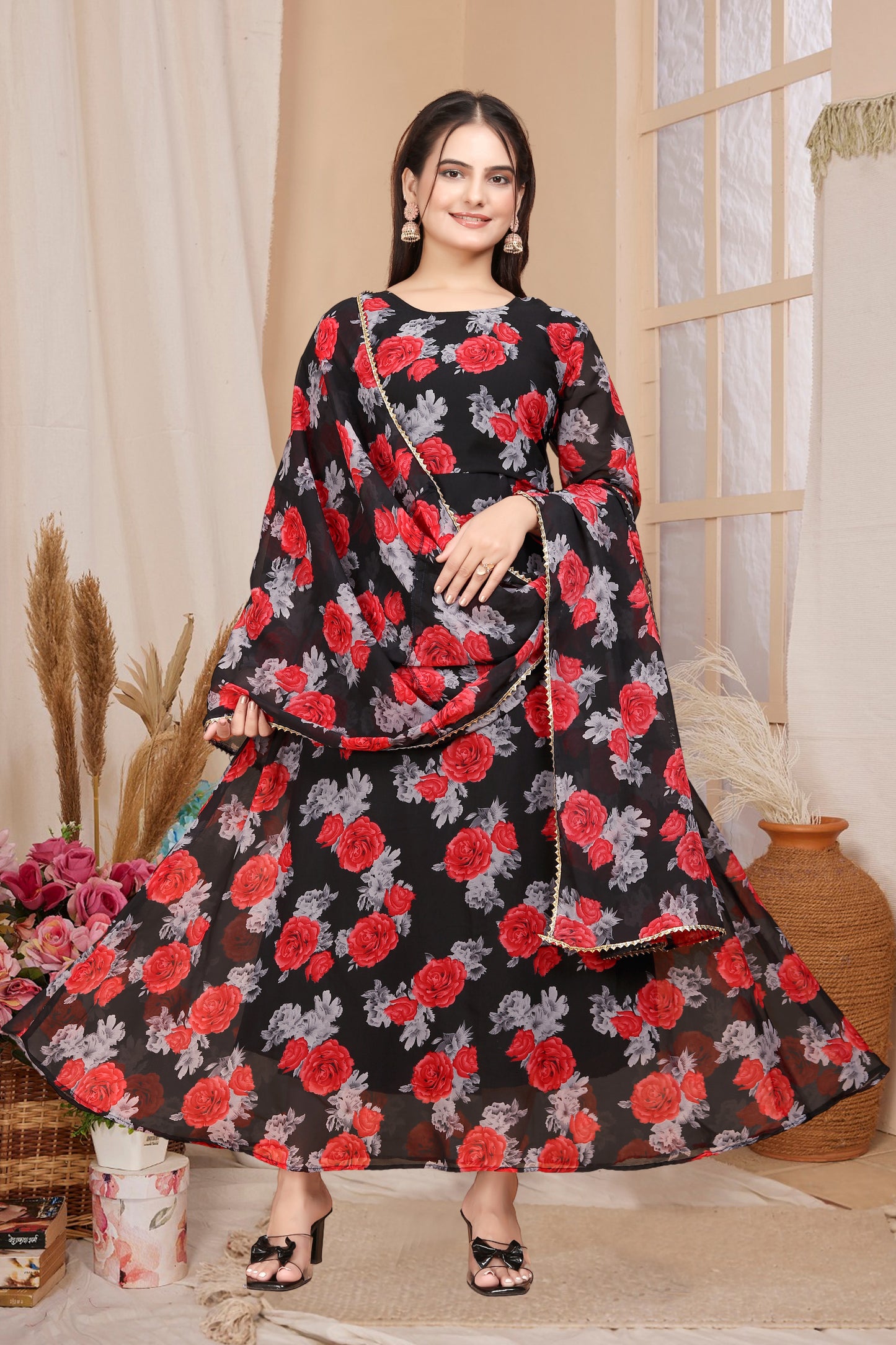 BLACK RED FLOWER MAXI GOWN