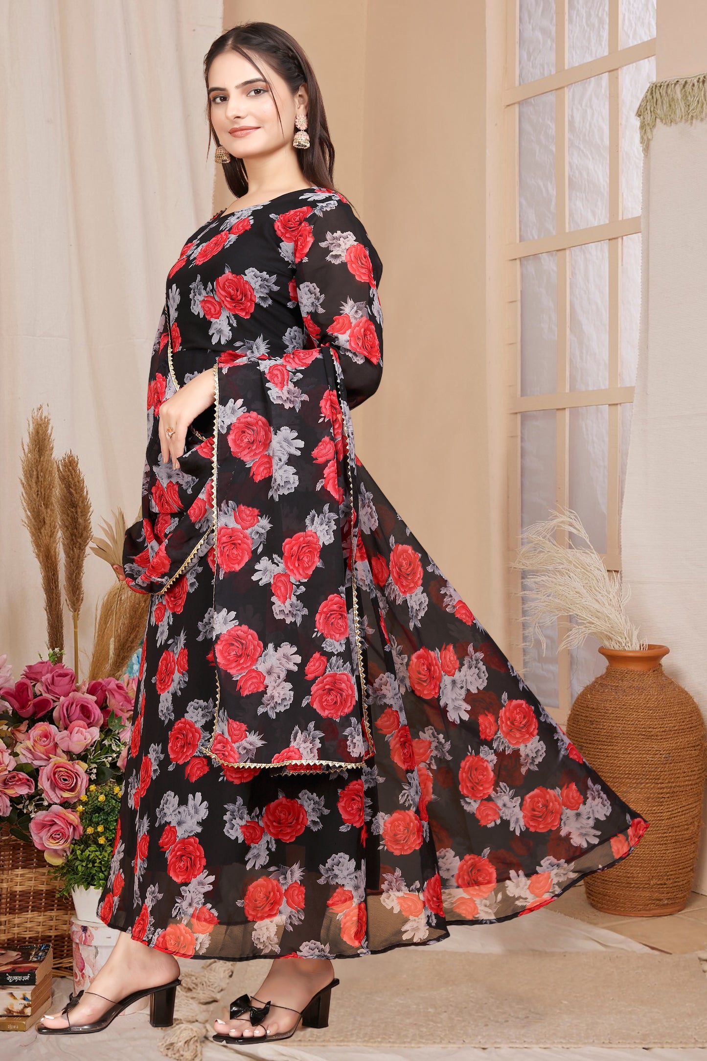 BLACK RED FLOWER MAXI GOWN