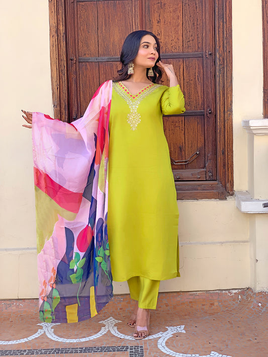 LEMON YELLOW RAYON EMBROIDERED KURTA PANT DUPATTA
