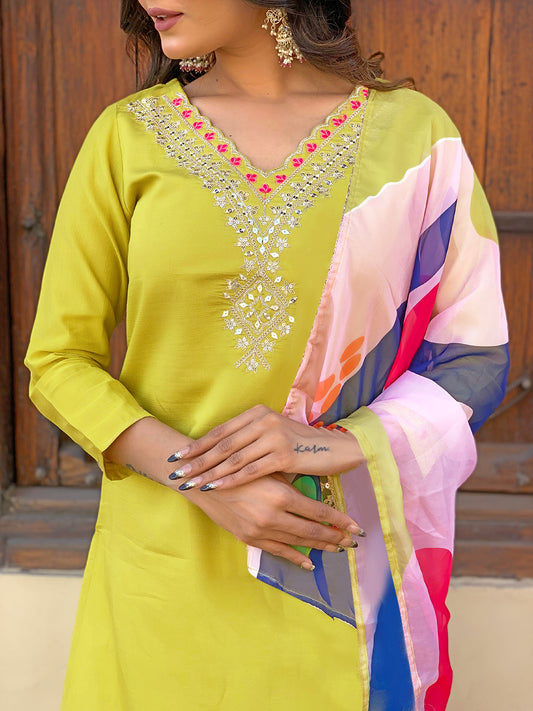 LEMON YELLOW RAYON EMBROIDERED KURTA PANT DUPATTA