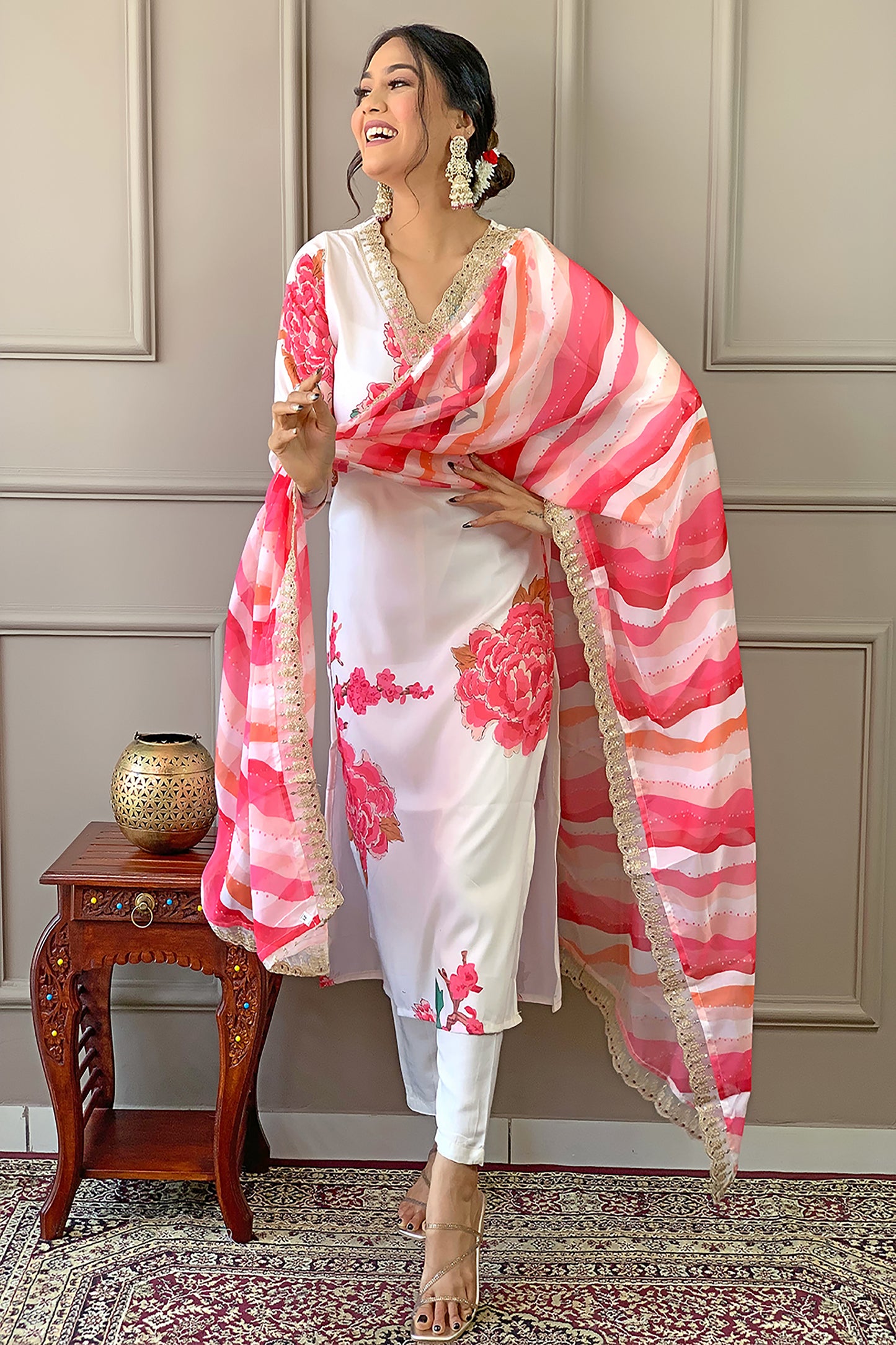 OFF WHITE WITH PINK FLOWER PRINTED KURTI WITH PANT