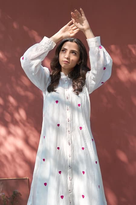 WHITE WITH RED HEART EMBROIDERY KURTA SET