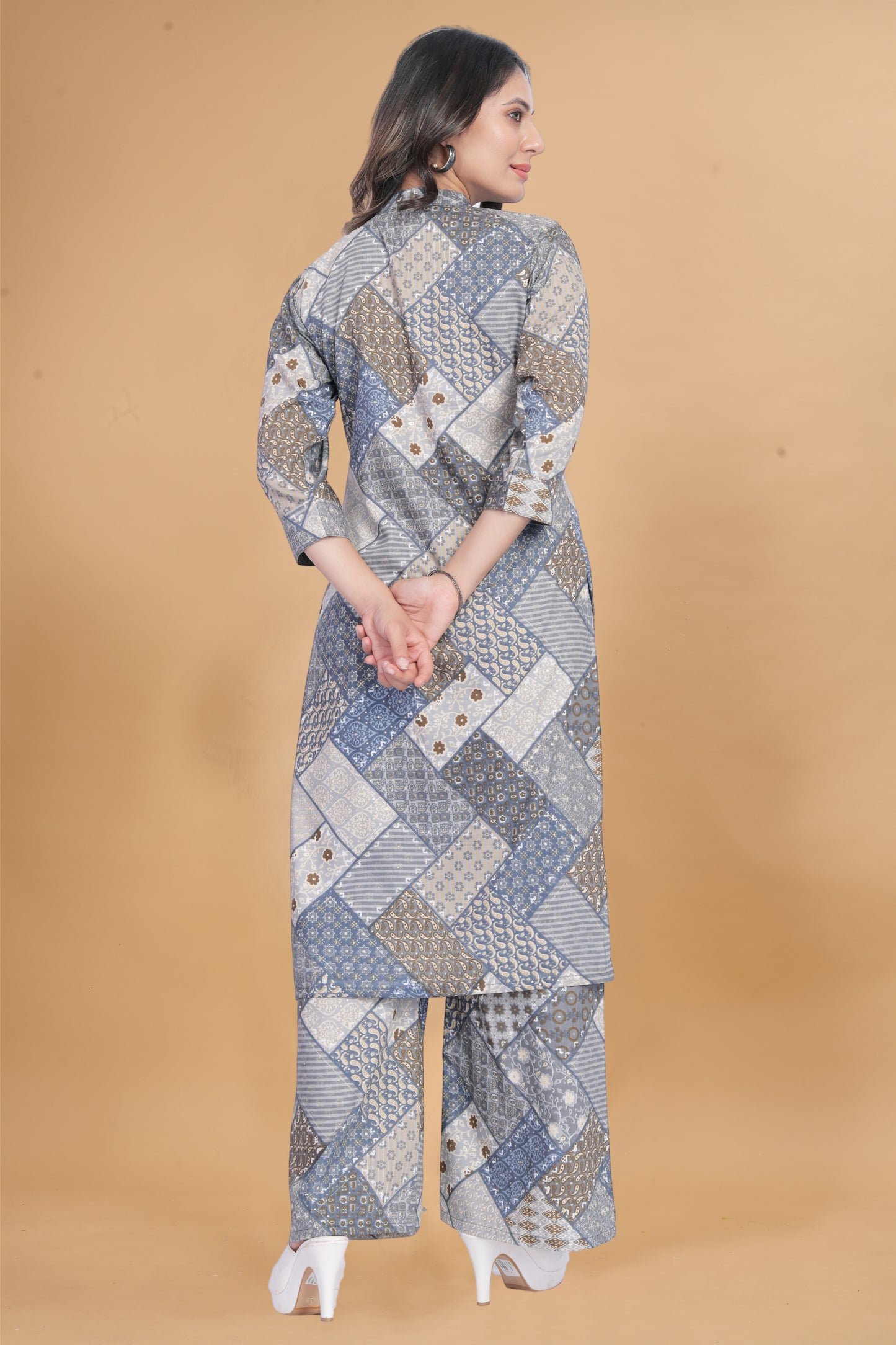 COOL GREY WITH GEOMETRIC PRINTED KURTI AND PANT CO-ORD SET