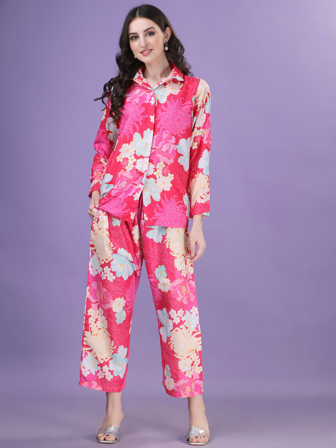 HOT PINK WITH FLOWER PRINTED TOP AND PANT CO-ORD SET