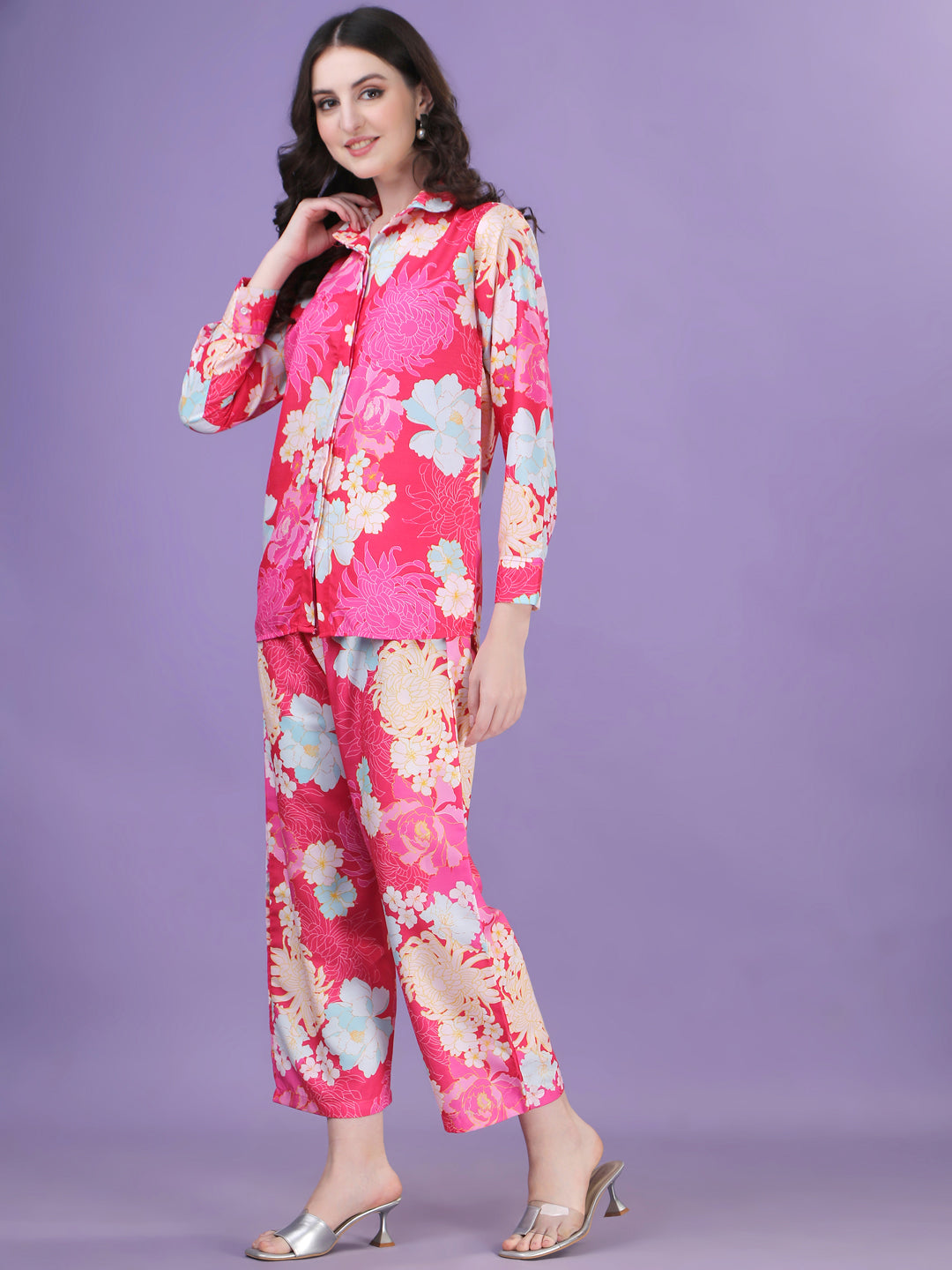 HOT PINK WITH FLOWER PRINTED TOP AND PANT CO-ORD SET