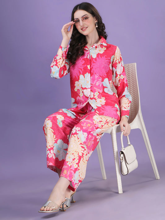 HOT PINK WITH FLOWER PRINTED TOP AND PANT CO-ORD SET