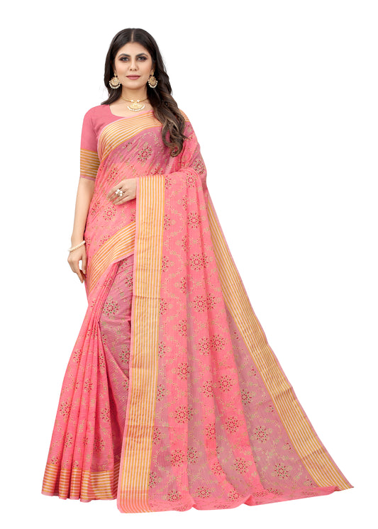 CORAL PINK COTTON SLUB FOIL PRINT SAREE