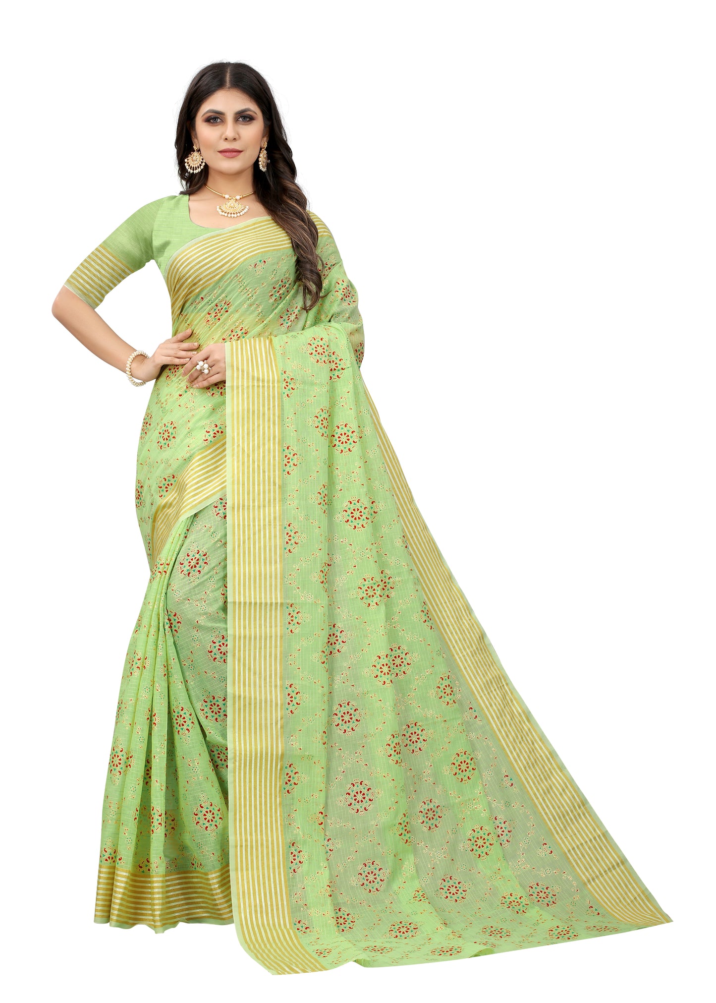 PISTA GREEN COTTON SLUB FOIL PRINT SAREE