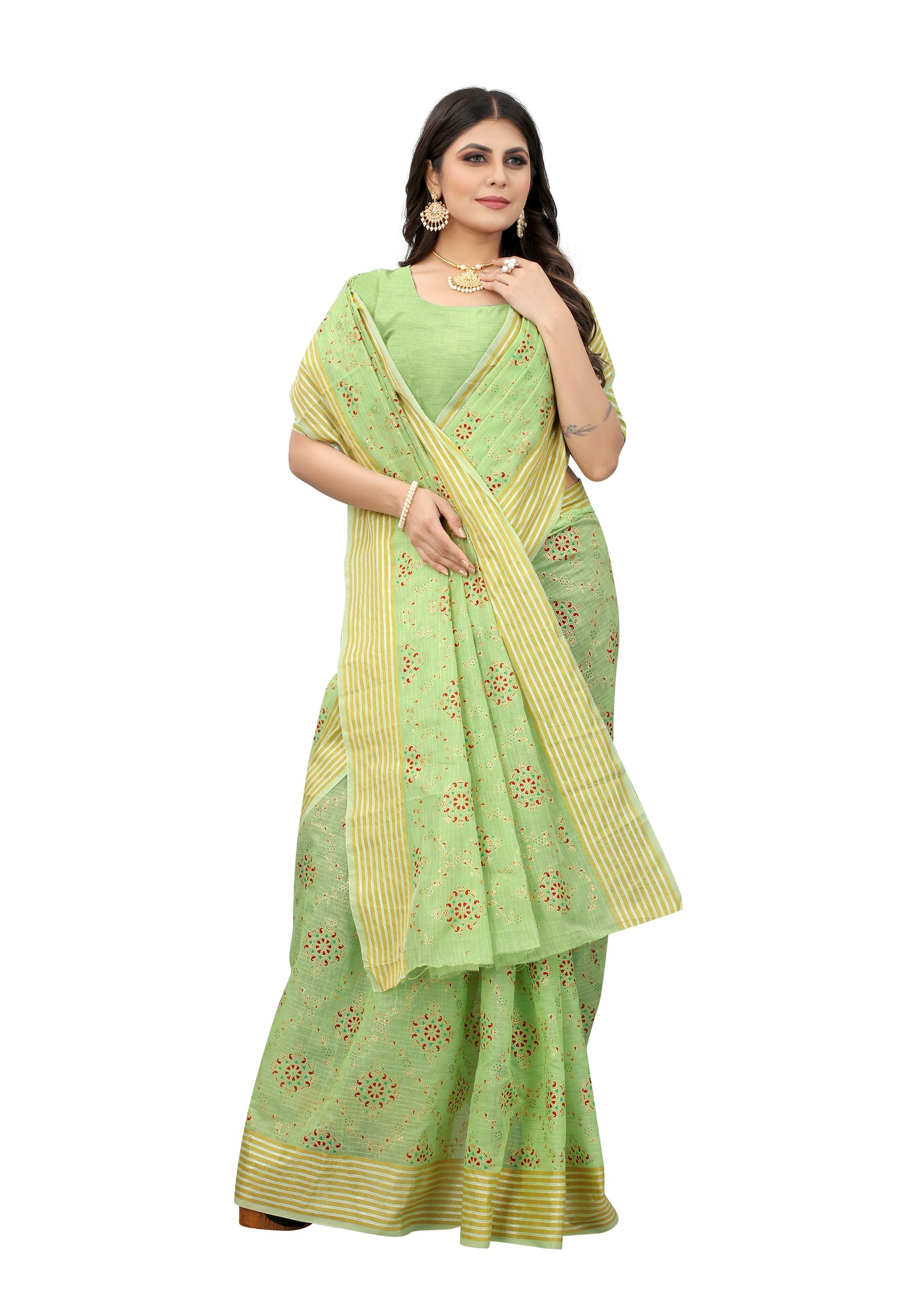 PISTA GREEN COTTON SLUB FOIL PRINT SAREE