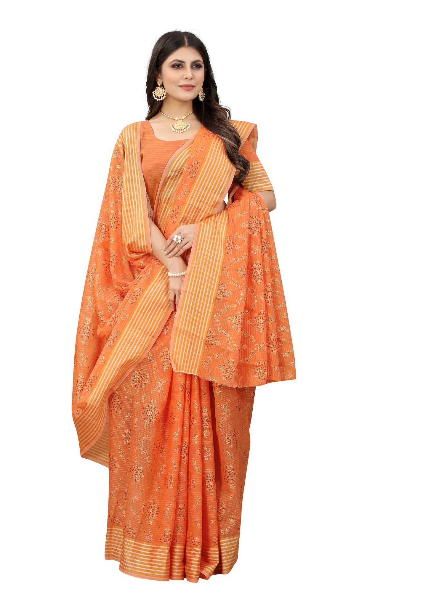 PALE ORANGE COTTON SLUB FOIL PRINT SAREE