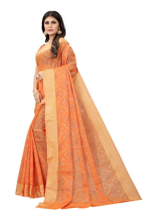 PALE ORANGE COTTON SLUB FOIL PRINT SAREE