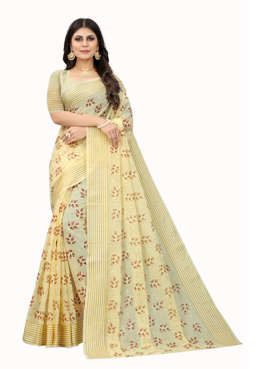 TAN BROWN COTTON SLUB FOIL PRINT SAREE