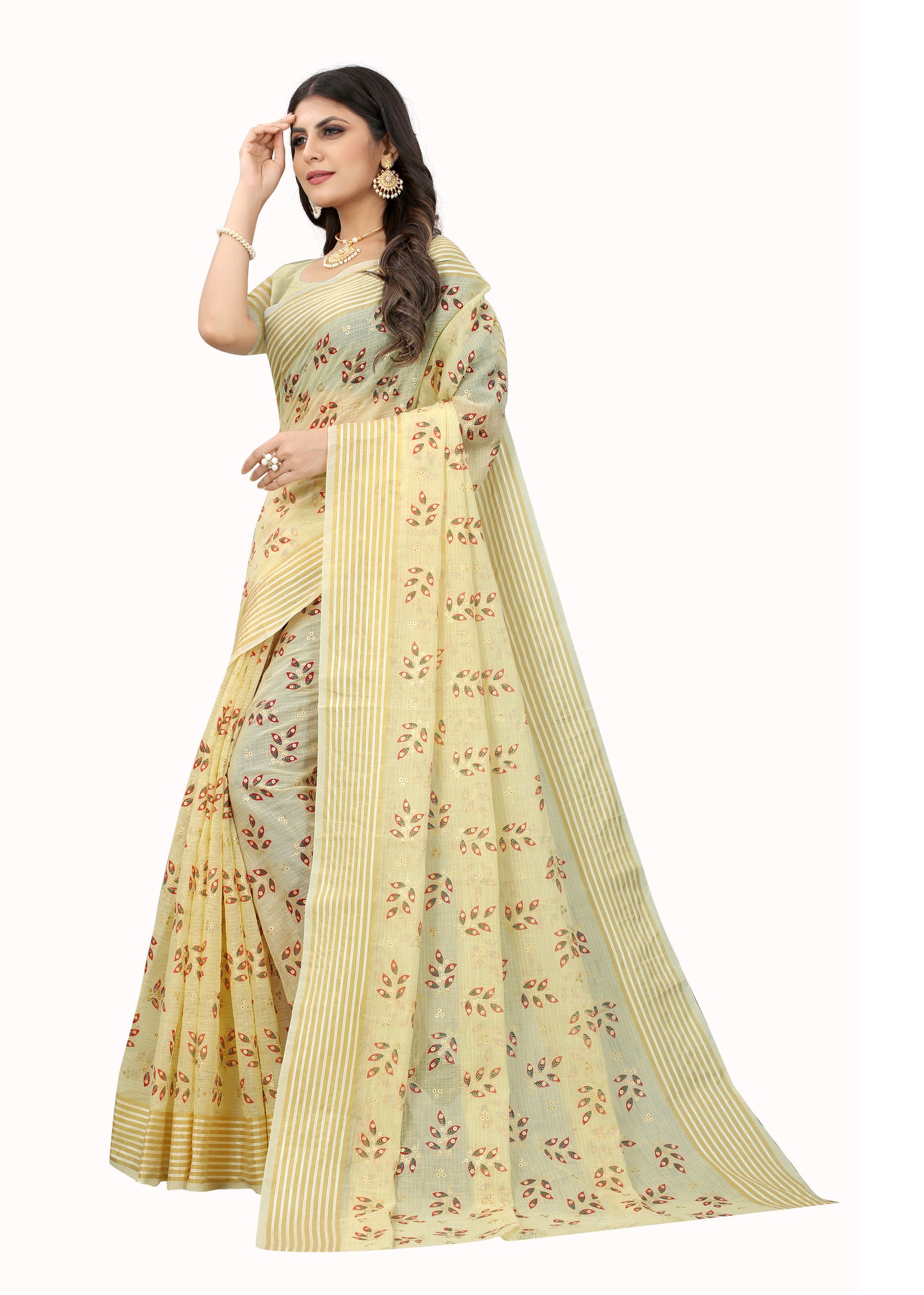 TAN BROWN COTTON SLUB FOIL PRINT SAREE