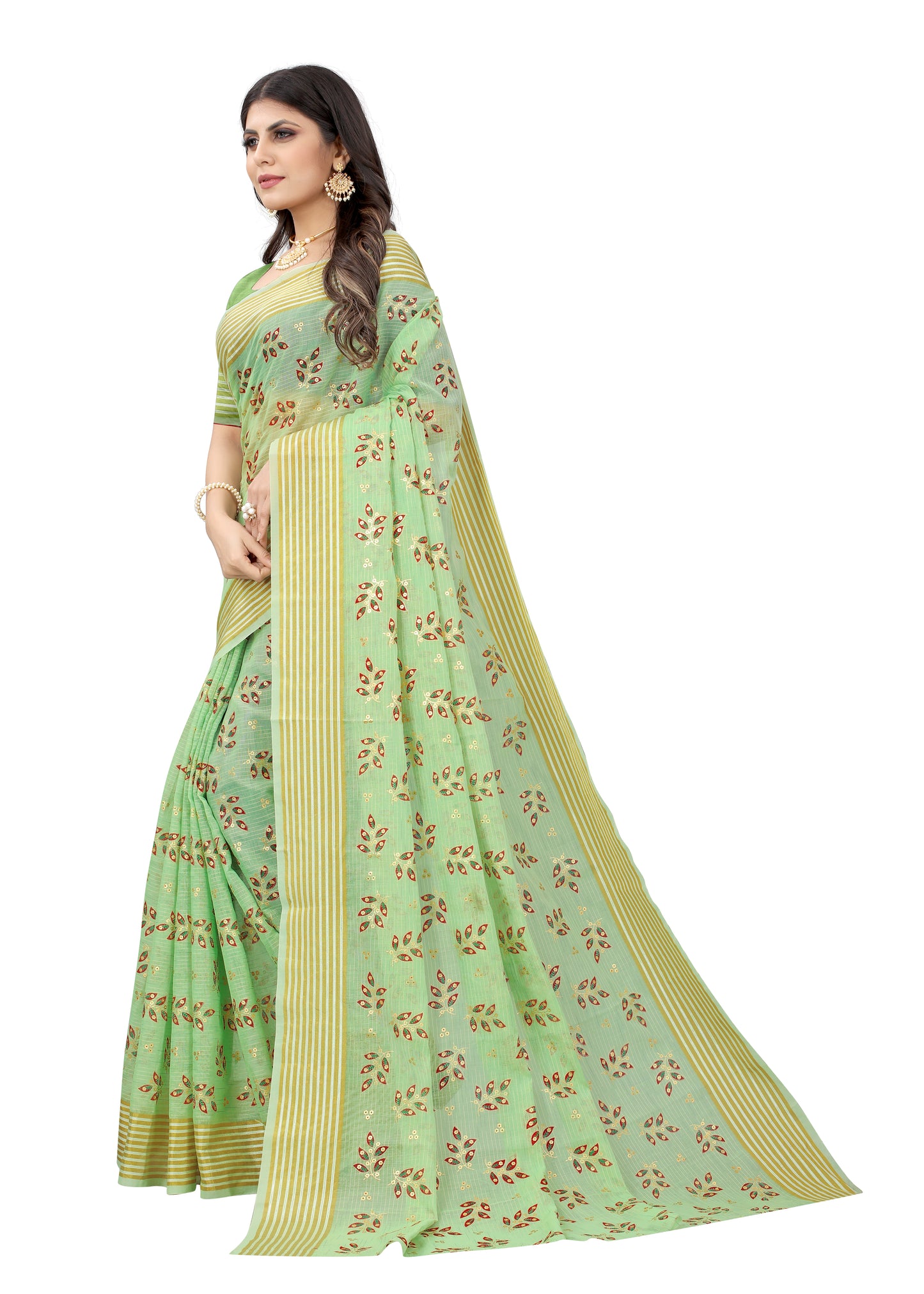 PIXIE GREEN COTTON SLUB FOIL PRINT SAREE