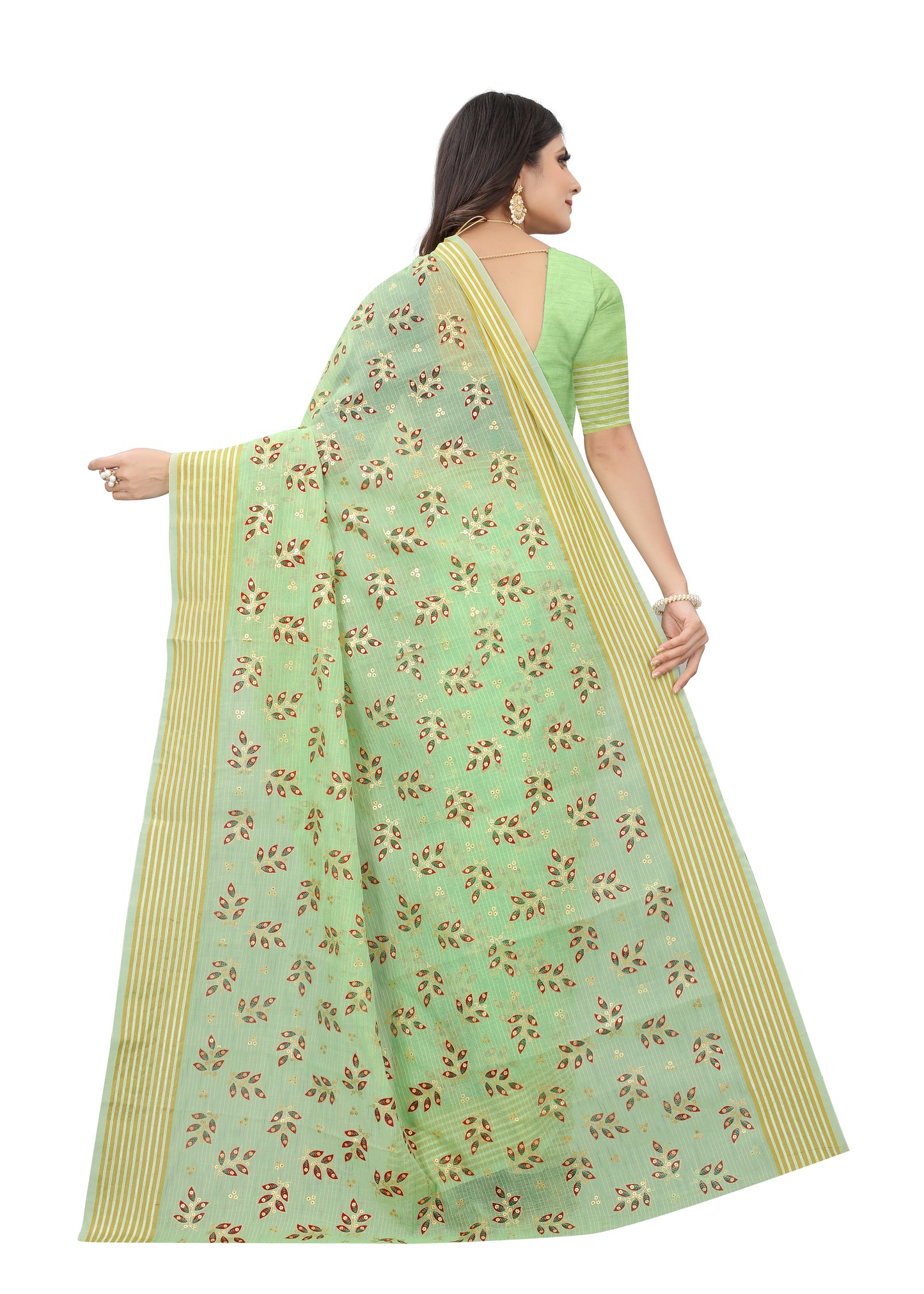 PIXIE GREEN COTTON SLUB FOIL PRINT SAREE