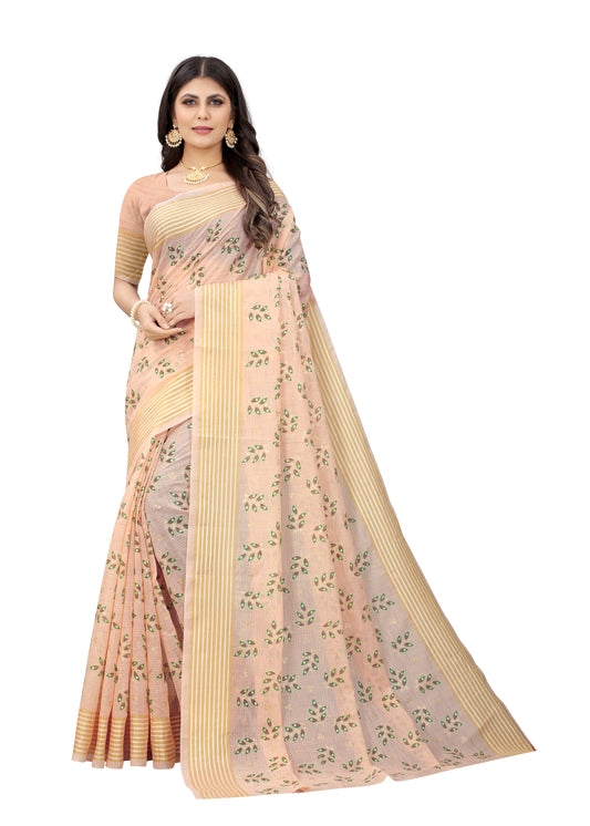 PEACH COTTON SLUB FOIL PRINT SAREE