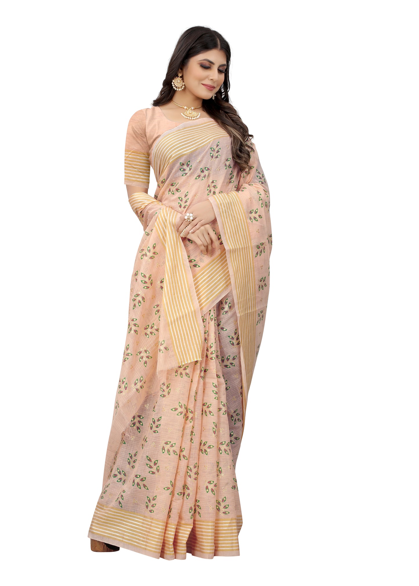 PEACH COTTON SLUB FOIL PRINT SAREE