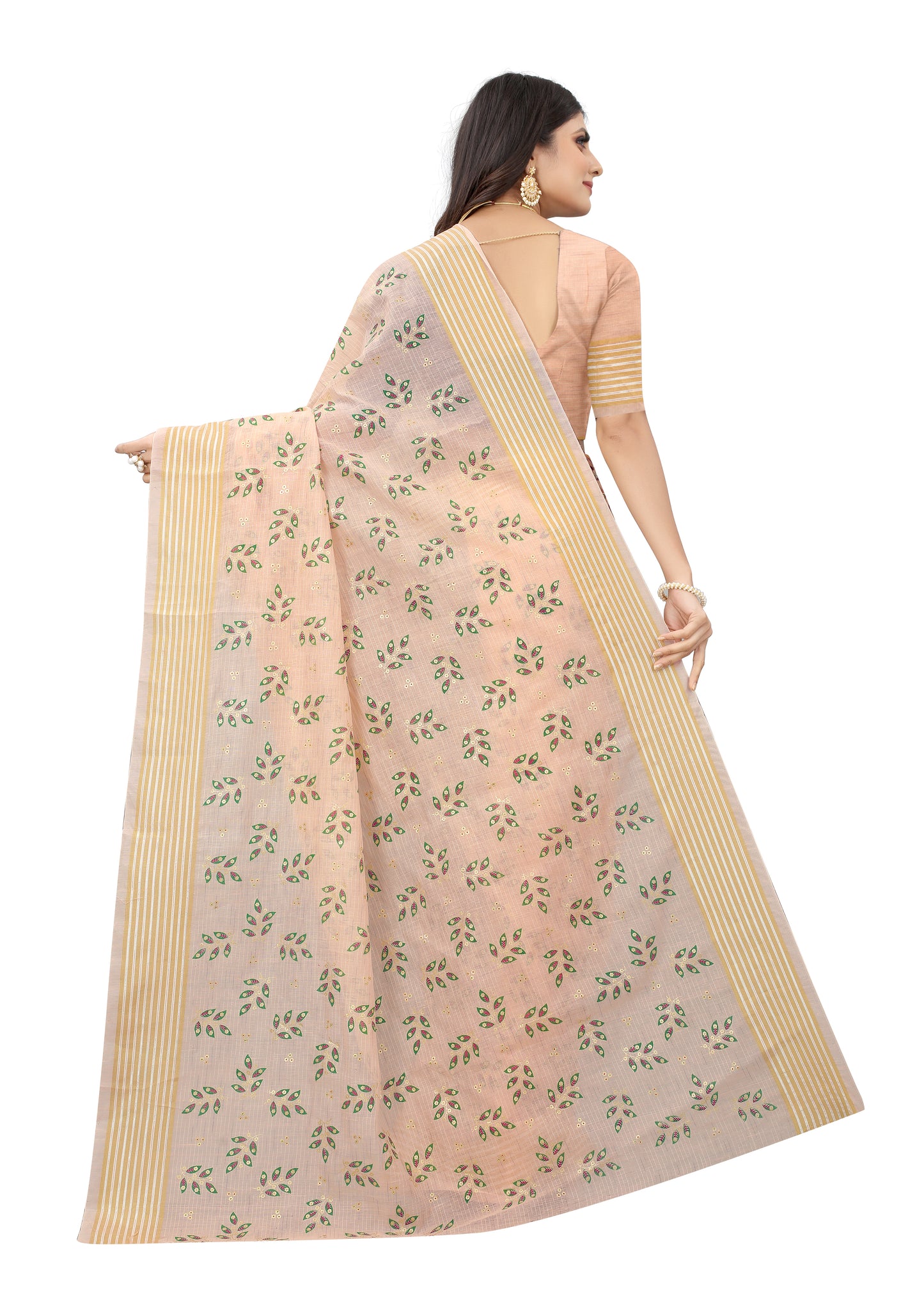 PEACH COTTON SLUB FOIL PRINT SAREE