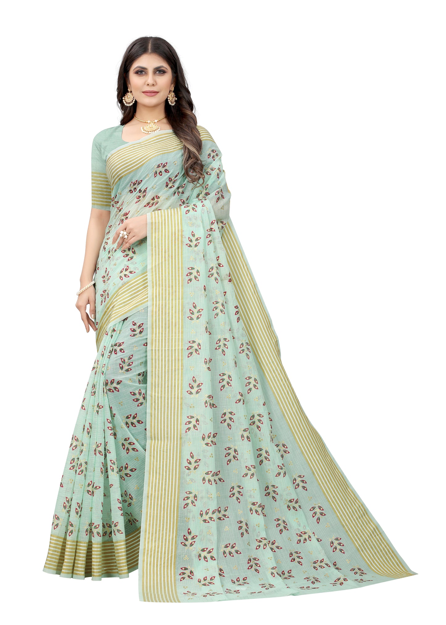 SKY COTTON SLUB FOIL PRINT SAREE