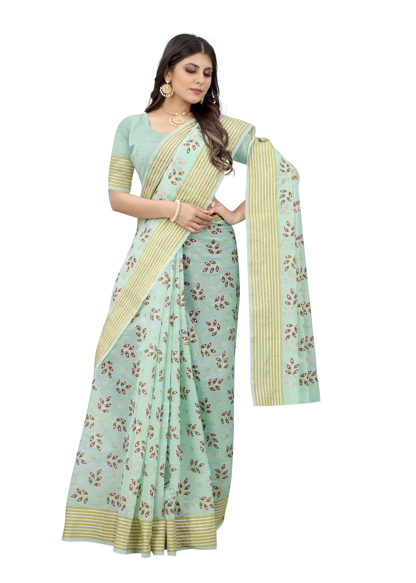 SKY COTTON SLUB FOIL PRINT SAREE