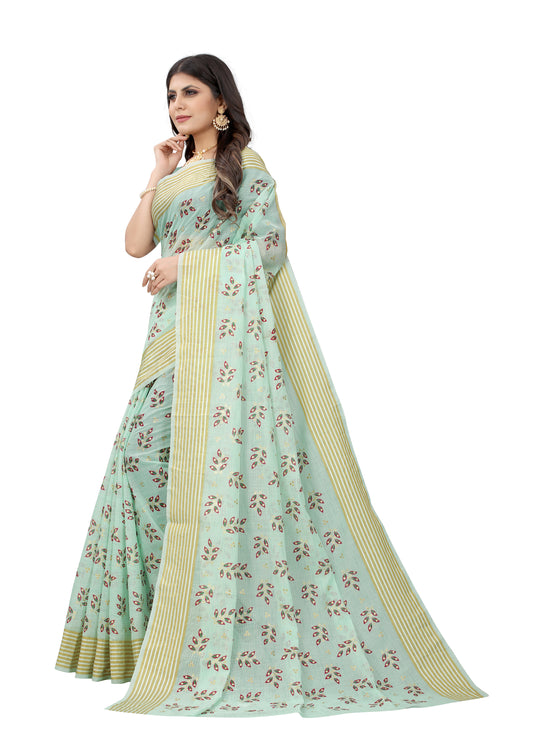 SKY COTTON SLUB FOIL PRINT SAREE