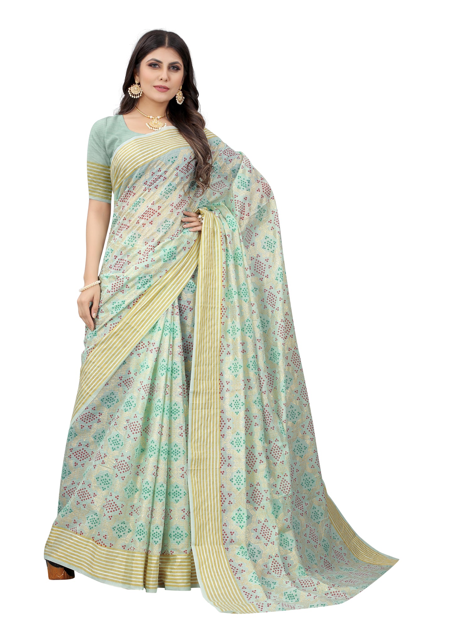 POWDER ASH SLUB FOIL PRINT SAREE