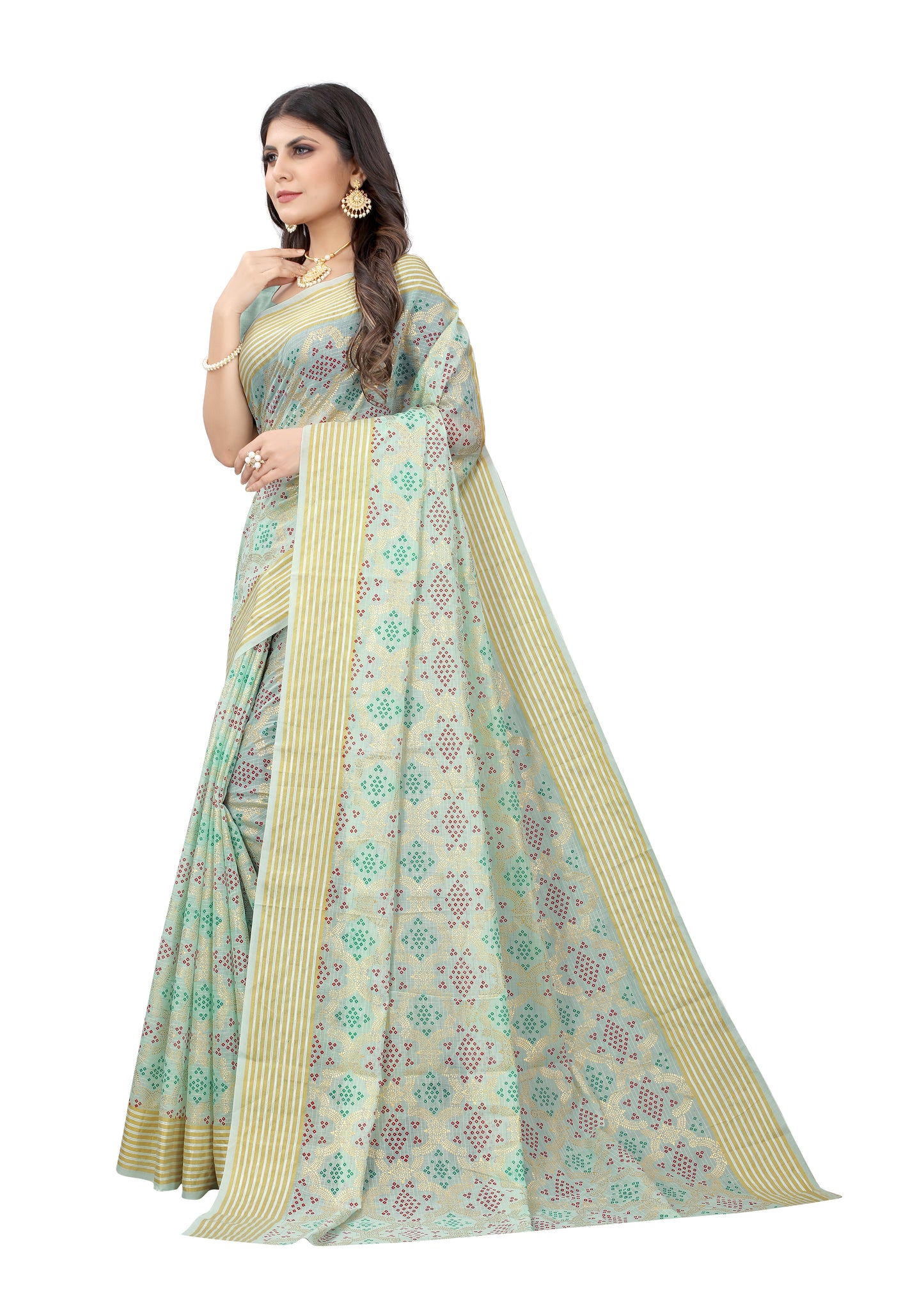 POWDER ASH SLUB FOIL PRINT SAREE