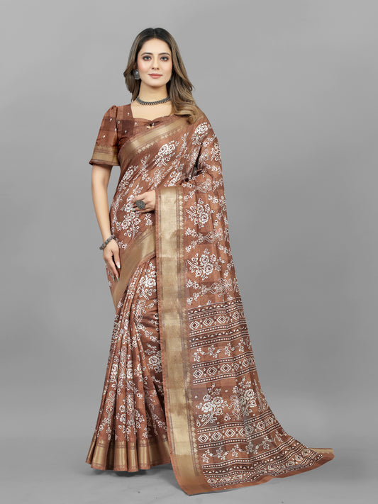 BROWN COTTON BLEND PRINT SAREE