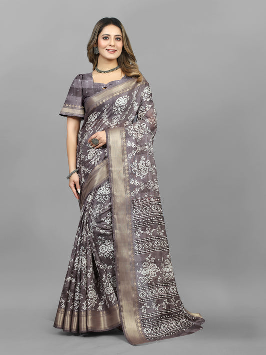 GREY COTTON BLEND PRINT SAREE