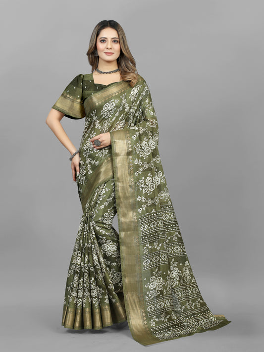 GREEN COTTON BLEND PRINT SAREE