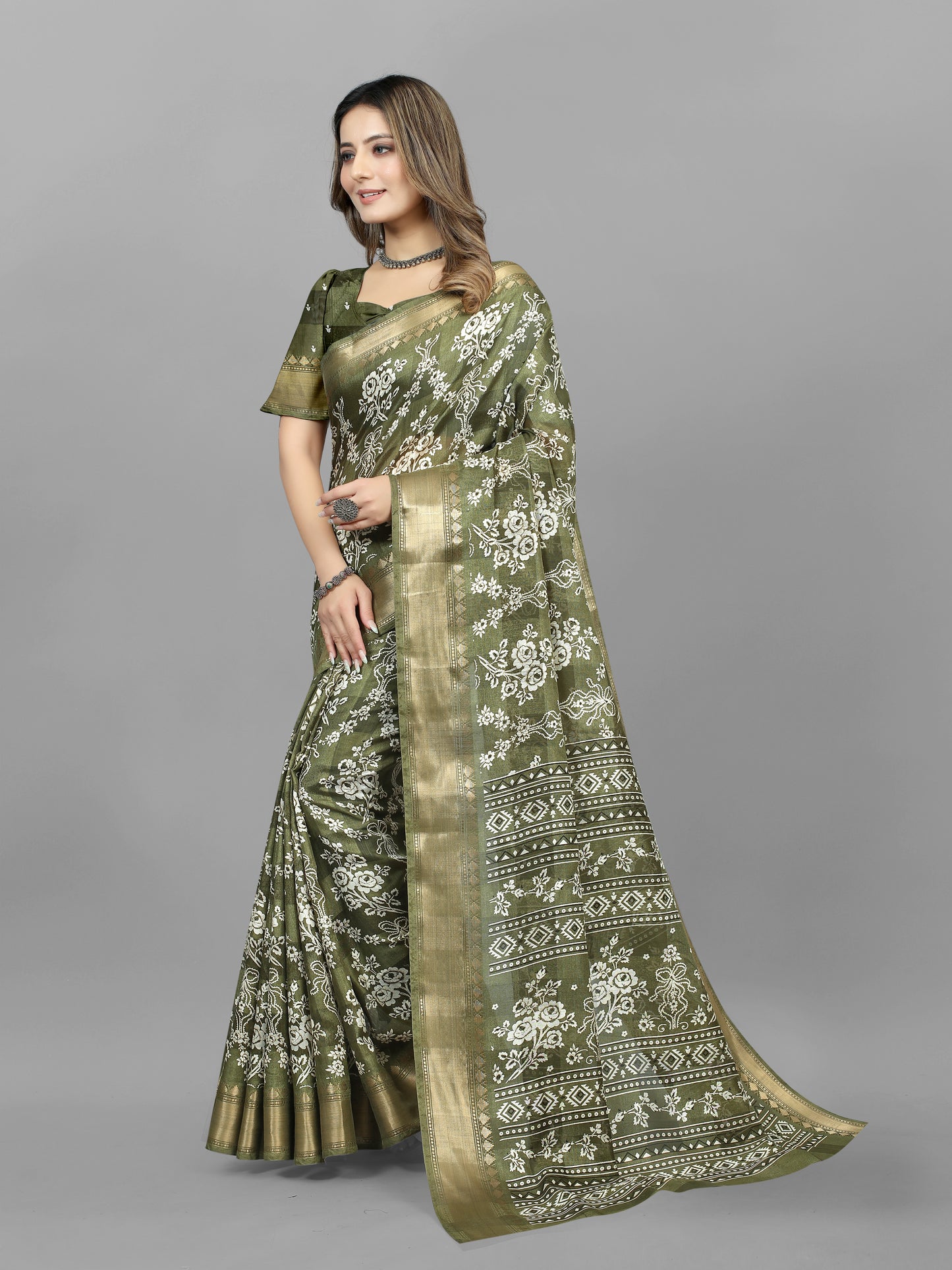 GREEN COTTON BLEND PRINT SAREE