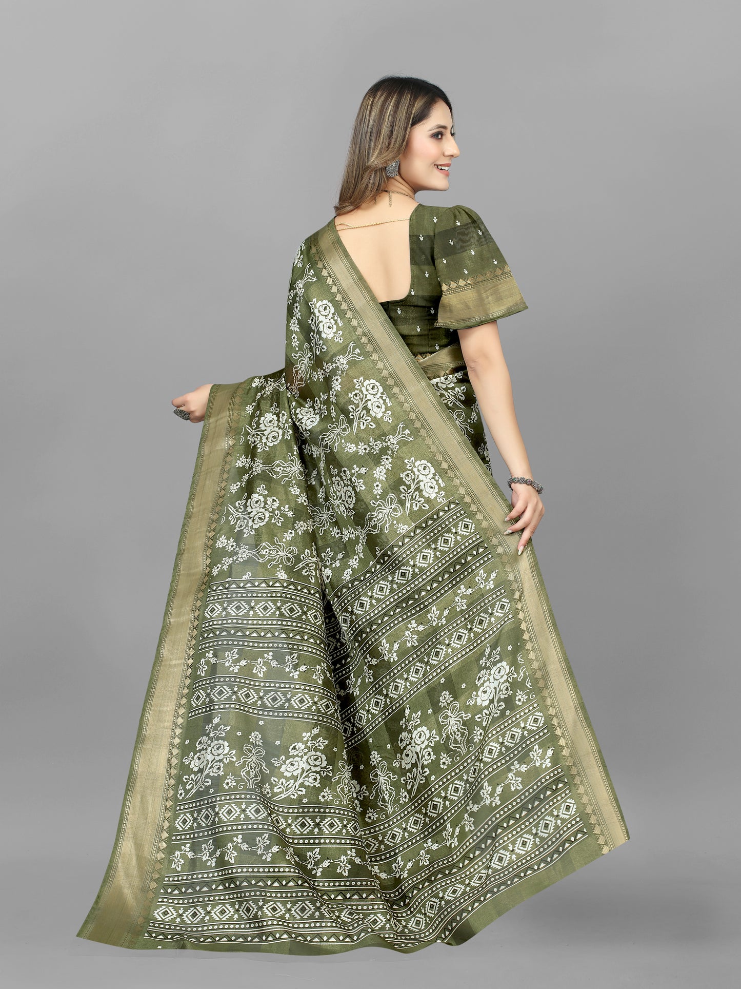 GREEN COTTON BLEND PRINT SAREE