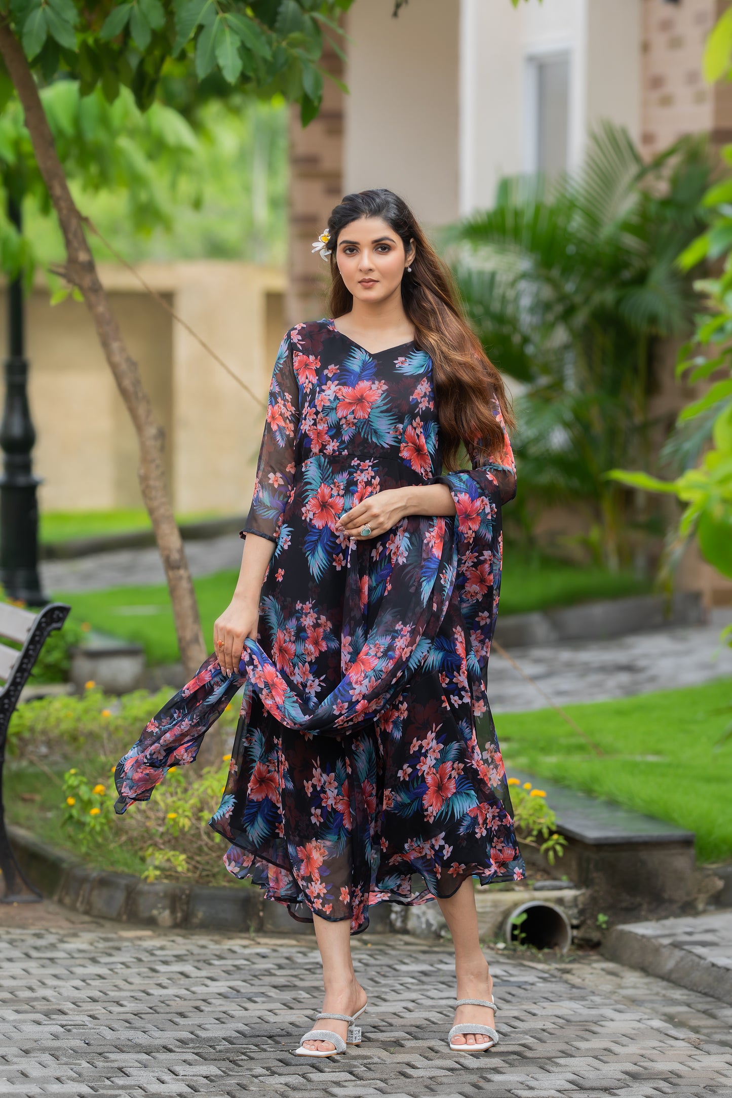 BLACK WITH RED FLOWER MAXI GOWN