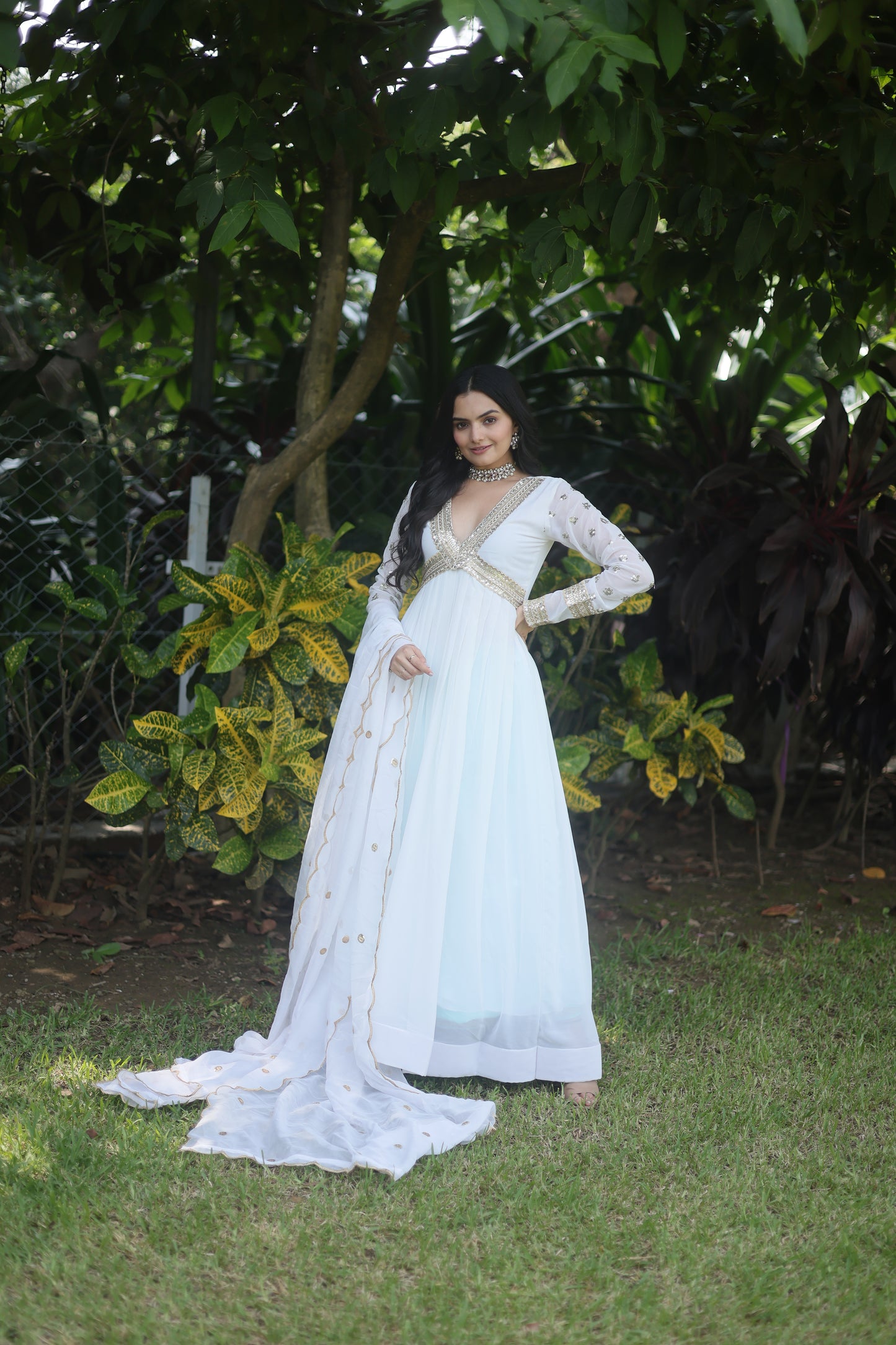 WHITE FAUX BLOOMING WITH  EMBROIDERY ZARI SEQUINS-WORK GOWN