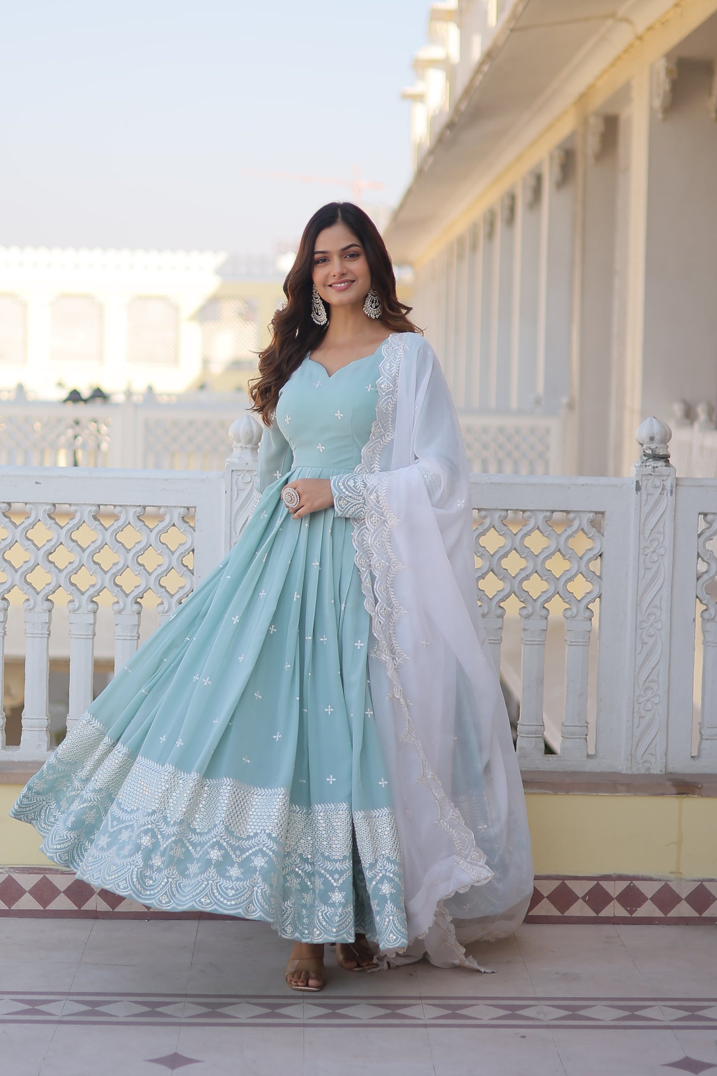 BLUISH CYAN FAUX GEORGETTE WITH THREAD & SEQUINS EMBROIDERY GOWN