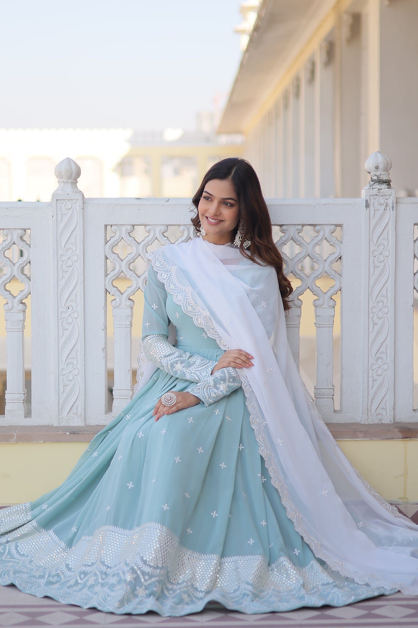 BLUISH CYAN FAUX GEORGETTE WITH THREAD & SEQUINS EMBROIDERY GOWN