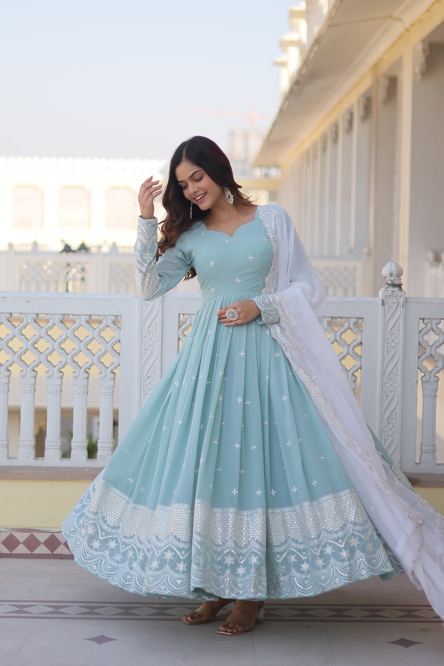 BLUISH CYAN FAUX GEORGETTE WITH THREAD & SEQUINS EMBROIDERY GOWN