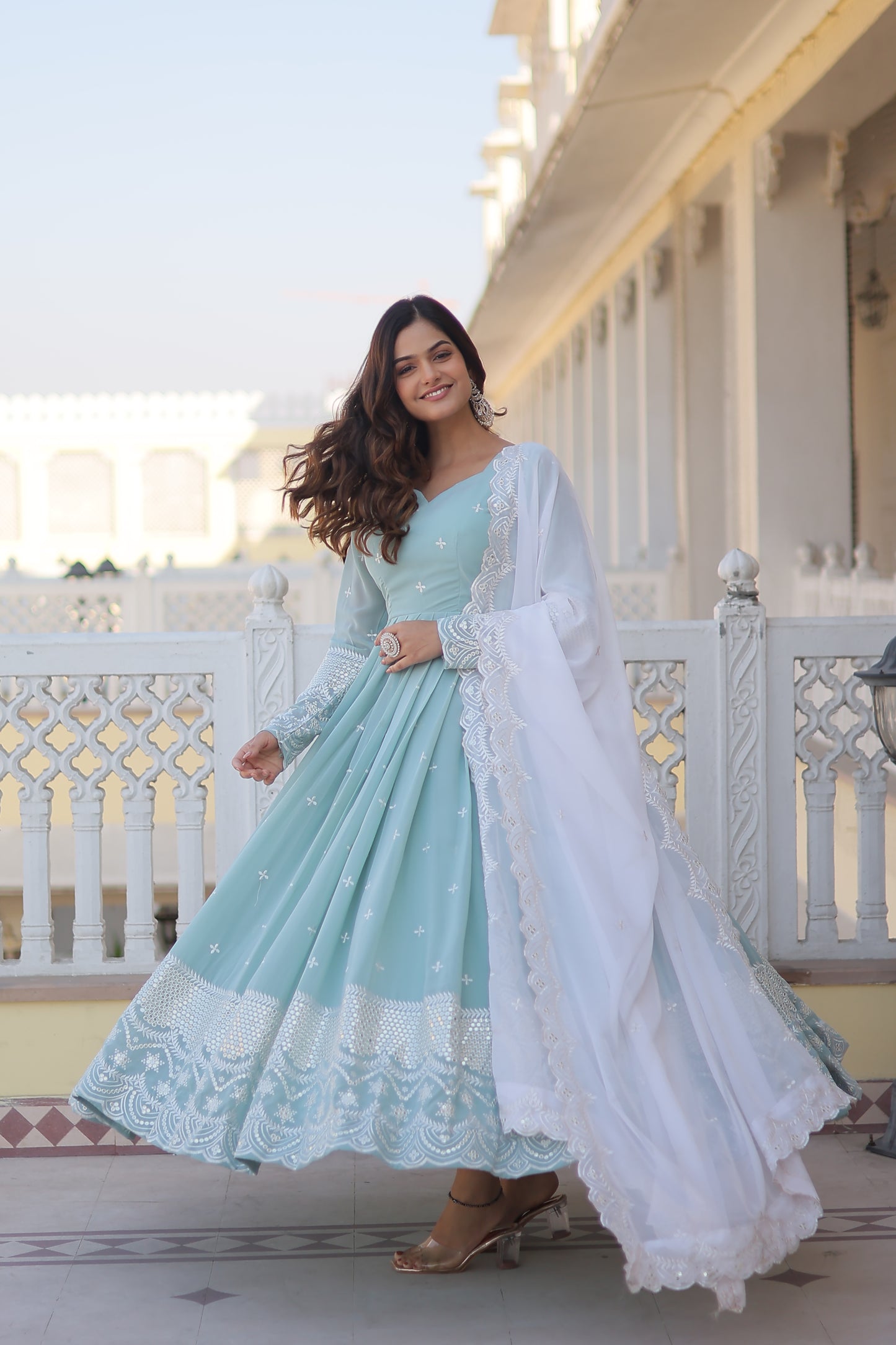 BLUISH CYAN FAUX GEORGETTE WITH THREAD & SEQUINS EMBROIDERY GOWN