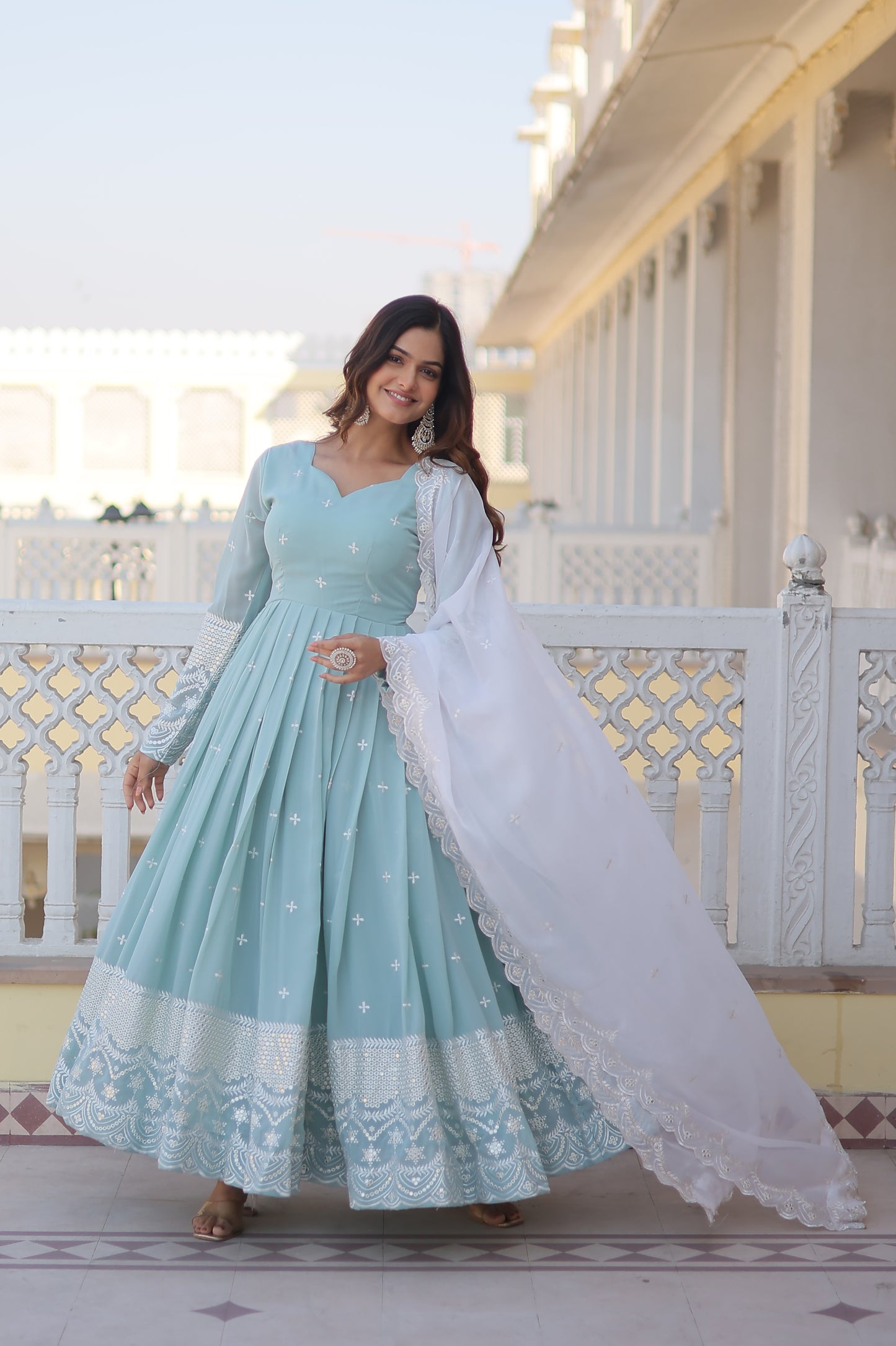 BLUISH CYAN FAUX GEORGETTE WITH THREAD & SEQUINS EMBROIDERY GOWN