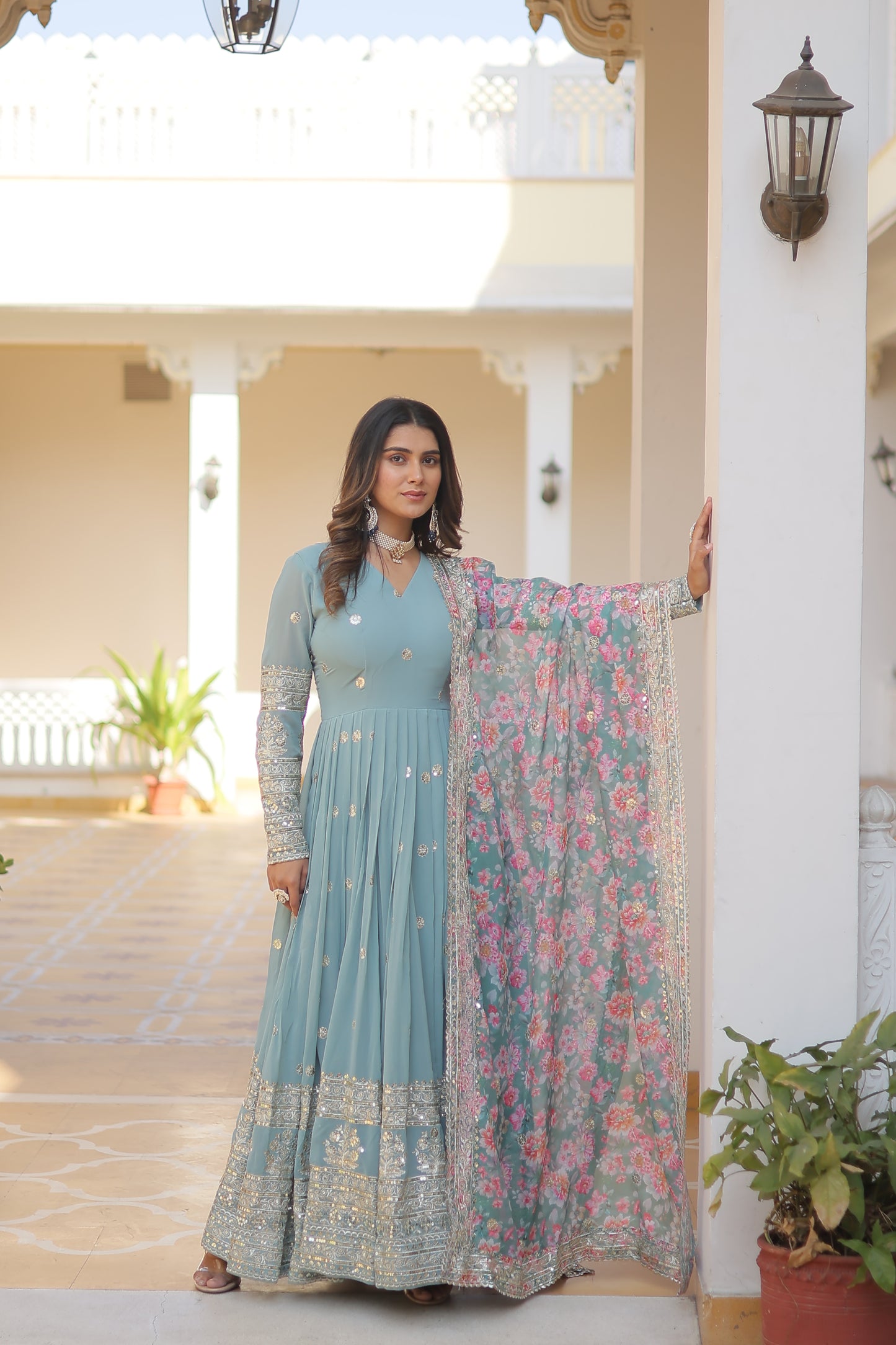 SKY FAUX GEORGETTE WITH EMBROIDERY ZARI SEQUINS-WORK GOWN